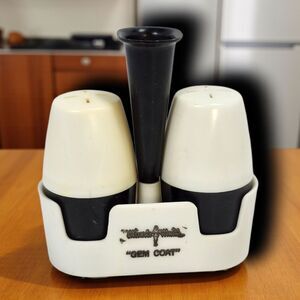 Vintage Miracle Maid “Gem Coat” Salt & Pepper Shaker Set w/ Holder – 1960s Promo
